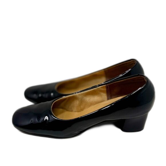 BLACK PATENT LEATHER SHINY Block Heel Pumps 60S MOD SHOES 10 - Picture 2 of 13